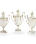 Robert Sharp. A SET OF THREE GEORGE III SILVER TWO-HANDLED SUGAR VASES AND COVERS