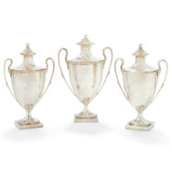 A SET OF THREE GEORGE III SILVER TWO-HANDLED SUGAR VASES AND COVERS