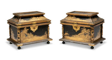 A PAIR OF JAPANESE PAGODA-FORM GILT-METAL-MOUNTED, BLACK AND GILT LACQUER TABLE CASKETS