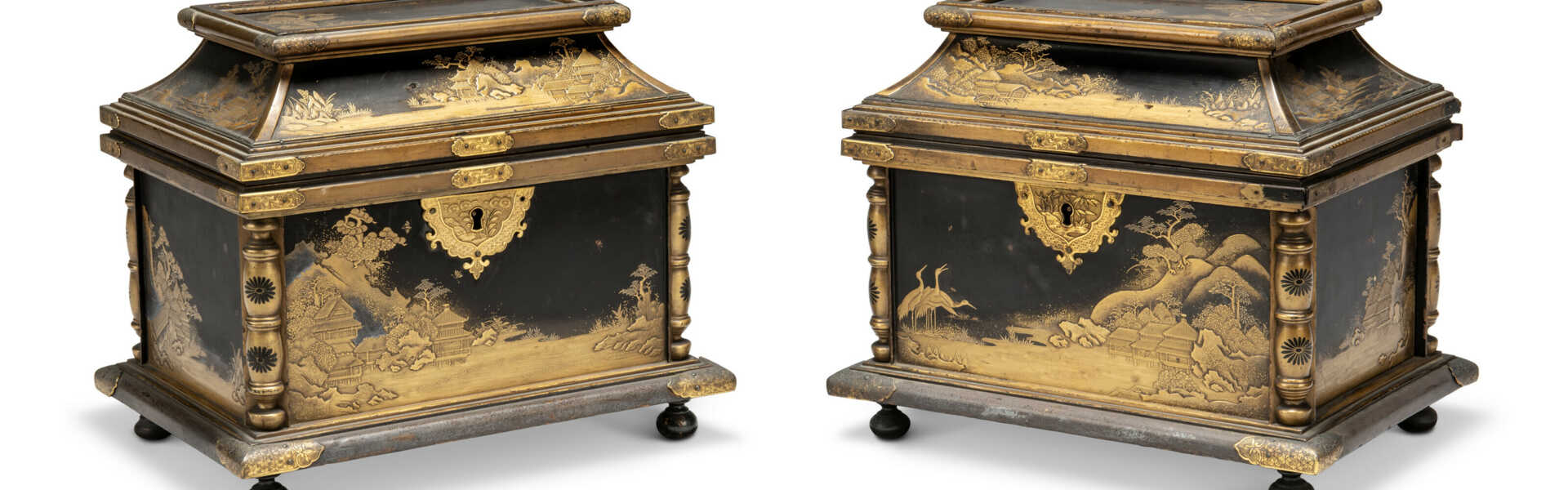 A PAIR OF JAPANESE PAGODA-FORM GILT-METAL-MOUNTED, BLACK AND GILT LACQUER TABLE CASKETS
