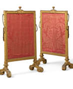 Satinholz. A PAIR OF GEORGE IV GILT-LACQUERED-METAL-MOUNTED GILTWOOD AND ACER FIRESCREENS