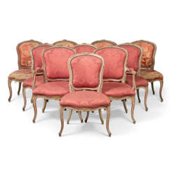 A SET OF TEN GEORGE III PARCEL-GILT, RED AND WHITE PAINTED DRAWING ROOM CHAIRS