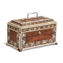 AN ANGLO-INDIAN SILVER-MOUNTED AND ENGRAVED-IVORY INLAID INDIAN ROSEWOOD TEA CADDY