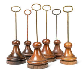 A SET OF SIX BRASS-MOUNTED OAK AND ELM, LEAD-WEIGHTED DOORSTOPS