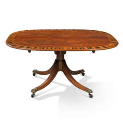 A LATE GEORGE III CALAMANDER CROSSBANDED MAHOGANY SMALL DINING TABLE