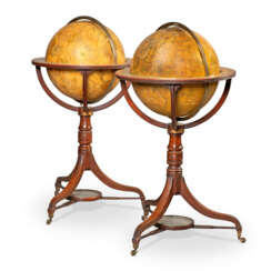 A PAIR OF 18 INCH REGENCY MAHOGANY TERRESTRIAL AND CELESTIAL GLOBES