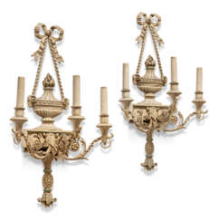 A PAIR OF GEORGE III-STYLE GREY-PAINTED COMPOSITION THREE-LIGHT WALL LIGHTS