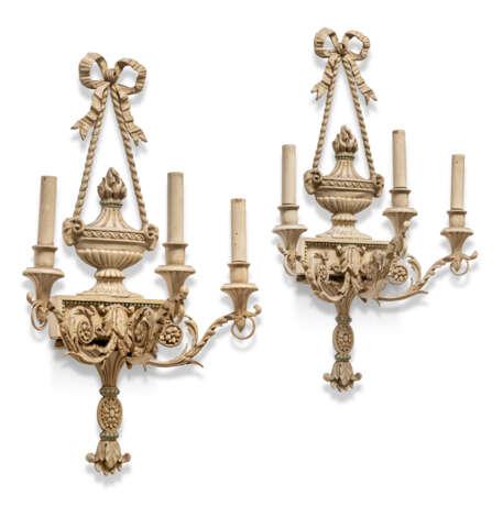 A PAIR OF GEORGE III-STYLE GREY-PAINTED COMPOSITION THREE-LIGHT WALL LIGHTS - фото 1