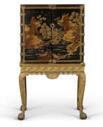 Лакированное дерево. A CHINESE EXPORT BLACK AND GILT LACQUER CABINET ON STAND