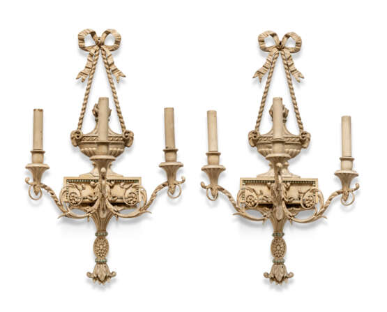 A PAIR OF GEORGE III-STYLE GREY-PAINTED COMPOSITION THREE-LIGHT WALL LIGHTS - photo 3