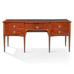 A GEORGE III BOXWOOD STRUNG, TULIPWOOD AND INDIAN ROSEWOOD CROSSBANDED, MAHOGANY SERPENTINE SIDEBOARD
