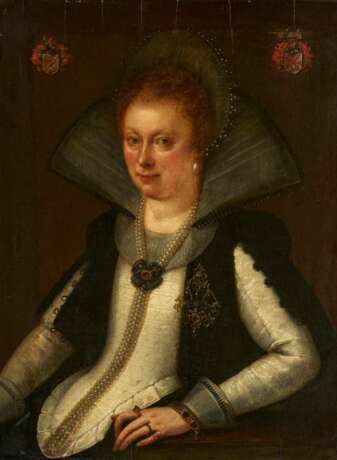 Gortzius Geldorp. Anna Catharina Waldbott von Bassenheim zu Gudenau (1587 - 1666) in a White Bodice and and Black Coat next to Valuable Pearl Jewellery - Foto 1