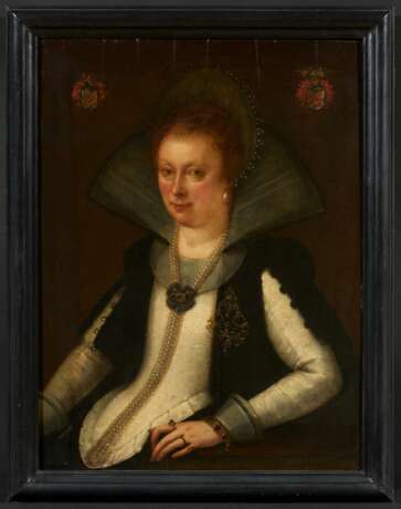 Gortzius Geldorp. Anna Catharina Waldbott von Bassenheim zu Gudenau (1587 - 1666) in a White Bodice and and Black Coat next to Valuable Pearl Jewellery - Foto 2