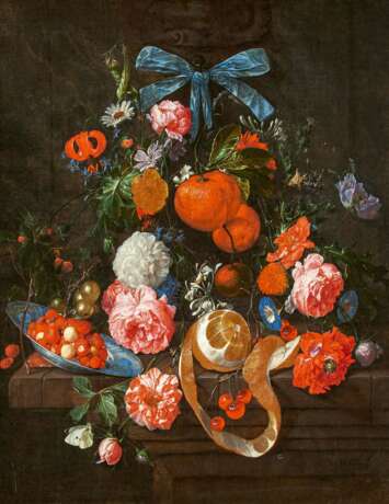 Cornelis de Heem. Still Life with Oranges, Roses and Flowers on a Stone Ledge with Berries in a Wanli Bowl, a Peeled Lemon, Cherries and Gooseberries - фото 1