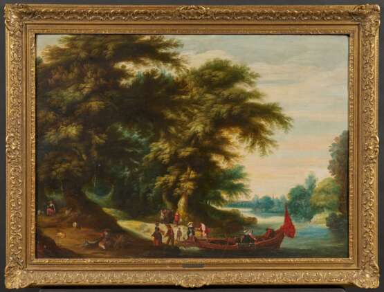 Antwerpener Schule. Forest Landscape with Distinguished Company at the Ferry Boat - Foto 2