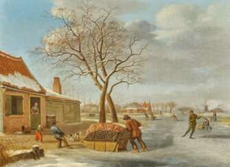 Johannes Janson. Dutch Winter Landscape with People on Ice