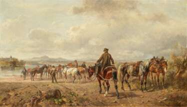 Ludwig Hartmann. Countrymen with a Herd of Horses at the Ford