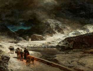 Oswald Achenbach. Travellers in Winter Night on the Great St. Bernard Pass