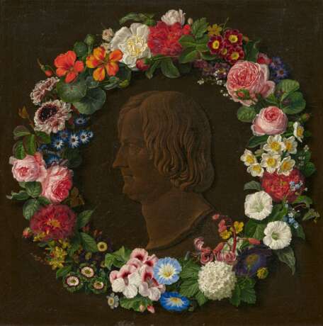 German School. Flower Wreath with the Relief of a Portrait Bust Signed by the Sculptor Karl Voss - photo 1