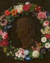German School. Flower Wreath with the Relief of a Portrait Bust Signed by the Sculptor Karl Voss