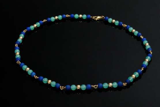 Farbige Kette aus Lapislazuli und Chrysopras Perlen mit Gelbgold 585/750 Perlen und Schließe, Kleist/ Worpswede, 15,6g, L. 44cm, Ø 5,1mm - Foto 1