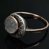 Kleiner Art Deco Roségold 585 Ring mit geschnittenem Mondstein Gesicht in Diamantrosen besetztem Silber Halbmond, 2g, Gr. 54, kleine Abplatzung - Foto 2