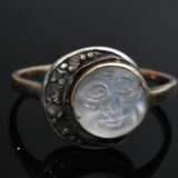 Kleiner Art Deco Roségold 585 Ring mit geschnittenem Mondstein Gesicht in Diamantrosen besetztem Silber Halbmond, 2g, Gr. 54, kleine Abplatzung - photo 3