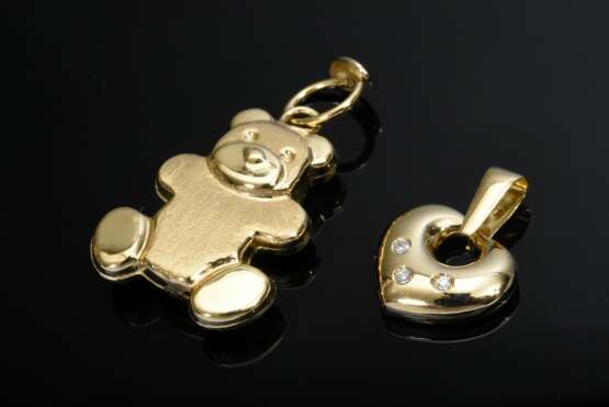 2 Teile Gelbgold 750 Schmuck: 1 Vega Teddy Anhänger, hohl gefertigt (L. 3cm mit Öse) und Brillant Herz Anhänger (zus. ca. 0.04ct/SI/TCR/1,6x1,3cm), zus. 3,7g - фото 1