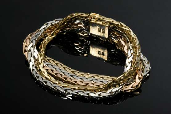 Fünfreihiges Tricolor Gold 750 Armband mit Flechtbändern, 72,1g, L. 18cm - фото 1