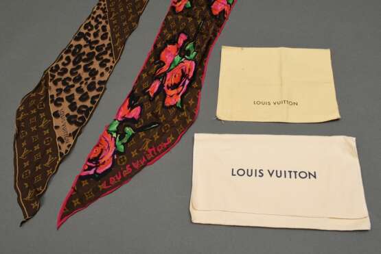 2 Louis Vuitton Seidenchiffon Schals: "Leopardenmuster" (L. 190cm) und "Rose" (L. 220cm) mit "LV" Monogramm, in Original Beutel, Tragespuren, 1x gelöste Naht am Rand… - фото 1