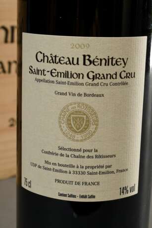 6 Flaschen 2009 Chateau Benitey, Rotwein, Bordeaux, St. Emilion Grand Cru AC, 0,75l, Original Holzkiste, hf - фото 6