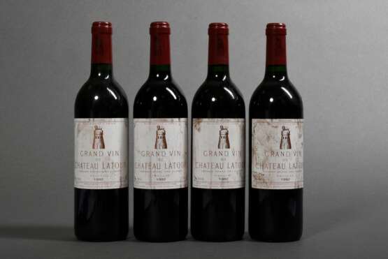 4 Flaschen 1992 Chateau Latour, pemier grand cru classe, Rotwein, Bordeaux, Pauillac, 0,75l, in, durchgehend gute Kellerlagerung, Etiketten und Kapseln beschädigt - фото 3