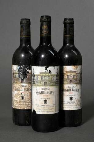 3 Flaschen 1995 Chateau Leoville Barton Saint Julien, Rotwein, Bordeaux, 0,75l, ms, durchgehend gute Kellerlagerung, Etiketten und Kapseln beschädigt - фото 1