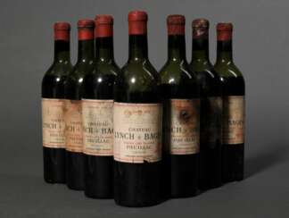 7 Flaschen 1953 Chateau Lynch Bages, Rotwein, Bordeaux, Pauillac, 0,75l, ms, durchgehend gute Kellerlagerung, Etiketten und Kapseln beschädigt