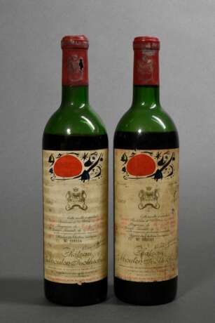 2 Flaschen 1969 Chateau Mouton Rothschild, Jean Miro, Rotwein, Bordeaux, Pauillac, 0,75l, ls- ms, durchgehend gute Kellerlagerung, Etiketten und Kapseln beschädigt - фото 1