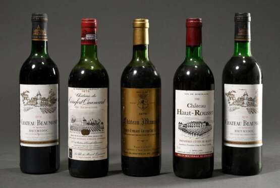 5 Flaschen Rotwein, Bordeaux, 0,75l: 2x 1979 Chateau Beaumont Haut- Médoc, 1x 1988 Chateau Haut- Rousset Premiéres Côtes de Blaye, 1x 1978 Chateau Mauvezin Saint- Emilion Grand Cru Classe und 1x 1973 Chateau Terrefort-Quancard Cru Exceptionnel, ko… - photo 1