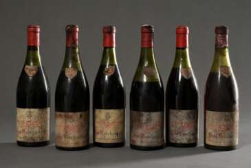 6 Flaschen 1953 Chambolle Musigny, Paul Bouchard &amp; Cie., Rotwein, Burgund, 0,75l, ls - hs, durchgehend gute Kellerlagerung, Etiketten und Kapseln beschädigt
