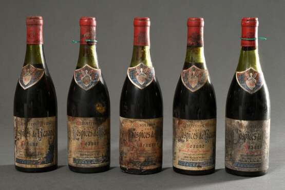 5 Flaschen 1953 Hospices de Beaune, Volnay Santenots , Rotwein, Burgund, 0,75l, ls - hs, durchgehend gute Kellerlagerung, Etiketten und Kapseln beschädigt - Foto 1