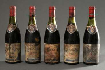 5 Flaschen 1953 Hospices de Beaune, Volnay Santenots , Rotwein, Burgund, 0,75l, ls - hs, durchgehend gute Kellerlagerung, Etiketten und Kapseln beschädigt
