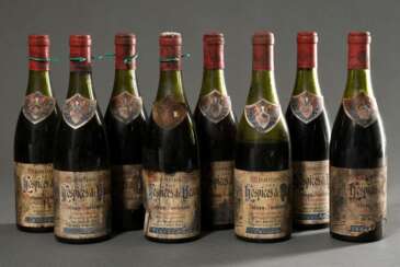 8 Flaschen 1955 Hospices de Beaune, Volnay Santenots , Rotwein, Burgund, 0,75l, ls - hs, durchgehend gute Kellerlagerung, Etiketten und Kapseln beschädigt