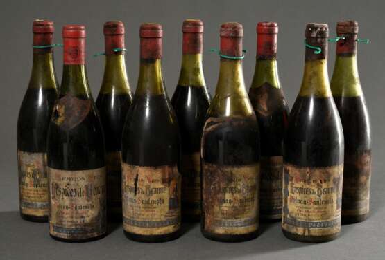 9 Flaschen 1950er (?) Hospices de Beaune, Volnay Santenots, Rotwein, Burgund, 0,75l, ls - hs, durchgehend gute Kellerlagerung, Etiketten und Kapseln beschädigt - photo 1
