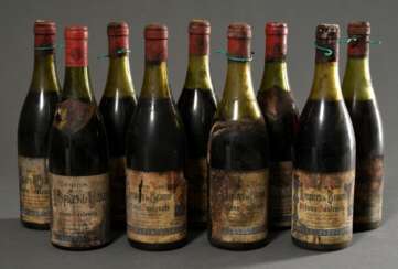 9 Flaschen 1950er (?) Hospices de Beaune, Volnay Santenots, Rotwein, Burgund, 0,75l, ls - hs, durchgehend gute Kellerlagerung, Etiketten und Kapseln beschädigt