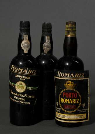 3 Diverse Flaschen Portwein, wohl 1960er Jahre, Romariz, Porto, nummeriert, Erzeuger Abfüllung, 0,75l, in, durchgehend gute Kellerlagerung, Etiketten und Kapseln beschädigt. 1 Etikett fehlt - Foto 1