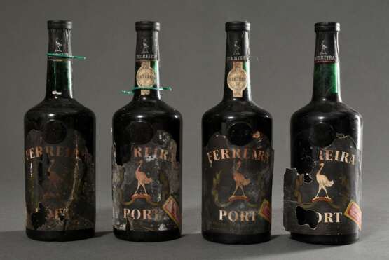 4 Flaschen Portwein, ohne Jahr, Ferreira Port, (Quinta do Rodo 1940 Aufkleber auf einer Flasche, AAF Prägung auf Glas), Tawny, Porto, rot, Abfüllung wohl 60er Jahre, nummeriert, Erzeuger Abfüllung, 0,75l, in, durchgehend gute Kellerlagerung, Etike… - photo 1