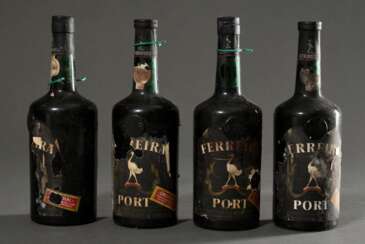 4 Flaschen Portwein, ohne Jahr, Ferreira Port, (AAF Prägung auf Glas), Tawny, Porto, rot, Abfüllung wohl in den 60er Jahre, nummeriert, Erzeuger Abfüllung, 0,75l, in, durchgehend gute Kellerlagerung, Etiketten und Kapseln beschädigt