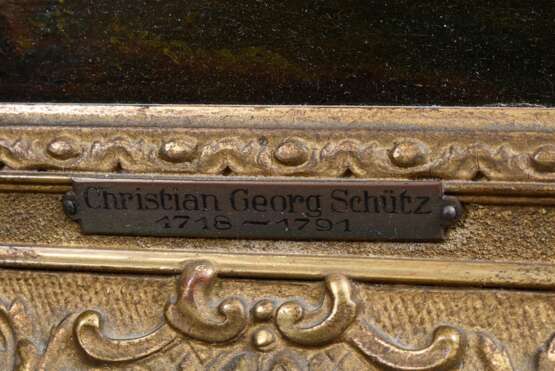 Schütz (oder Schüz), Christian Georg (1718-1791) "Rheinische Flußlandschaft" 1785, Öl/Holz, u. sign./dat., Prunkrahmen (leicht berieben), 26,5x36,8cm (m.R. 42x52cm), Craquelé - Foto 4