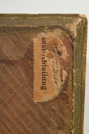 Schütz (oder Schüz), Christian Georg (1718-1791) "Rheinische Flußlandschaft" 1785, Öl/Holz, u. sign./dat., Prunkrahmen (leicht berieben), 26,5x36,8cm (m.R. 42x52cm), Craquelé - Foto 6