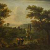 Paar Gemälde eines unbekannten Künstlers des 18.Jh. "Landschaften mit Personenstaffage", Öl/Leinwand, Prunkrahmen (kleine Defekte), 23,5x31,7cm (m.R. 40x47,5cm), Craquelé - photo 2