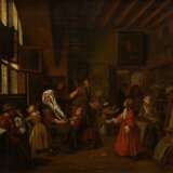 Horemans, Jan Jozef II (1714-1792) zugeschrieben „Interieur mit zwölf Personen bei verschiedenen Tätigkeiten“ 1766(?), Öl/Leinwand, wohl doubliert, verso auf Klebeetikett bez., 51x58,5cm (m.R. 62,7x71cm), Craquelé - Foto 1