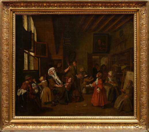 Horemans, Jan Jozef II (1714-1792) zugeschrieben „Interieur mit zwölf Personen bei verschiedenen Tätigkeiten“ 1766(?), Öl/Leinwand, wohl doubliert, verso auf Klebeetikett bez., 51x58,5cm (m.R. 62,7x71cm), Craquelé - Foto 2